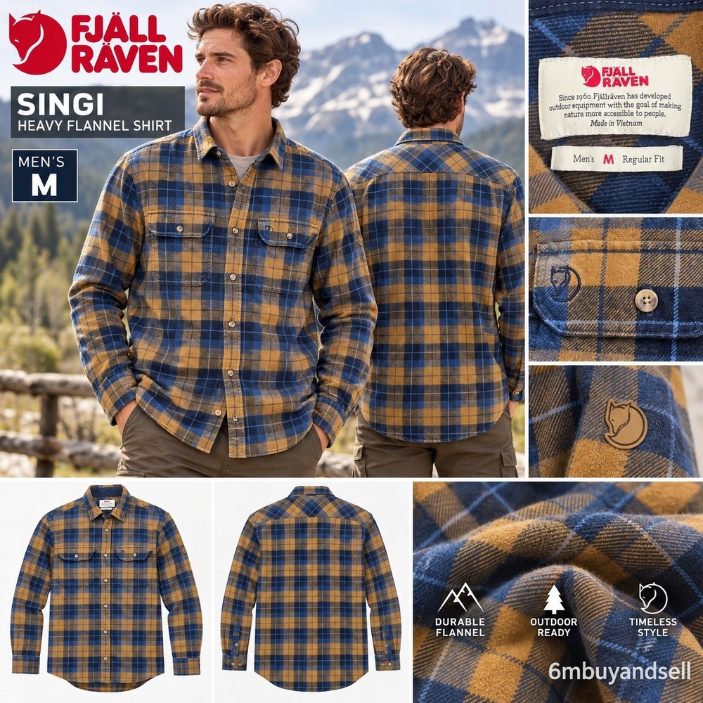 Fjallraven Singi Heavy Flannel Shirt Mens Medium Blue Mustard Plaid 81373